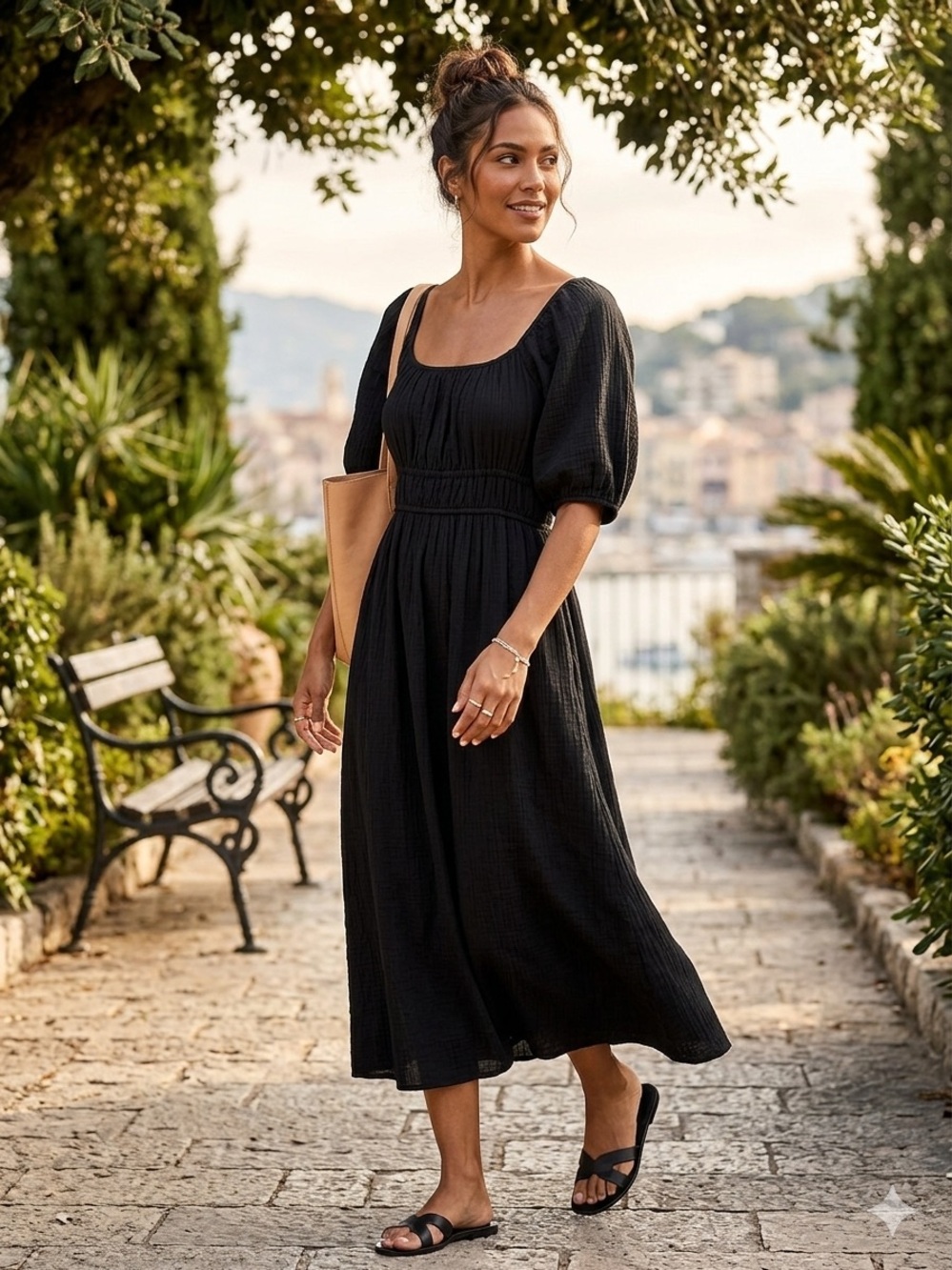 River Island Black Midi Dress with Puff Sleeves
